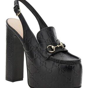 Gucci Black Embossed Leather Platform Slingback Heels with Gold Horsebit.